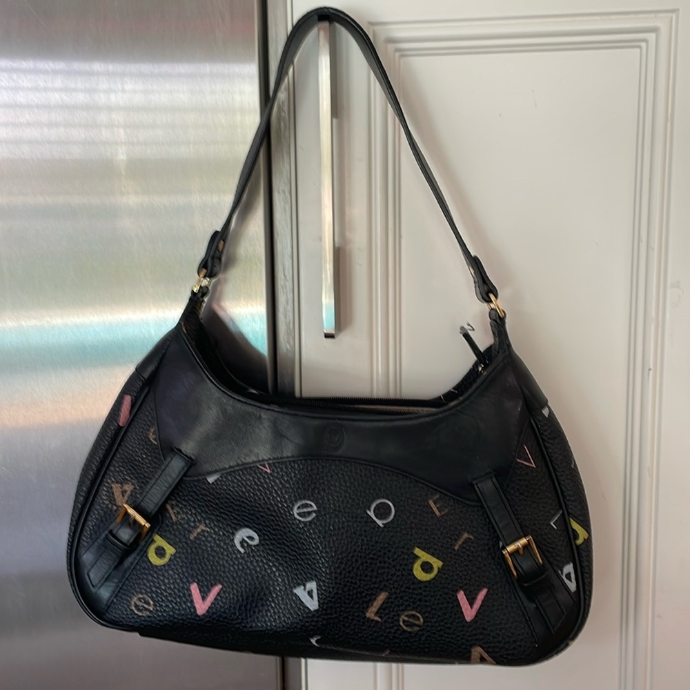 Black leather shoulder purse with coloured letters